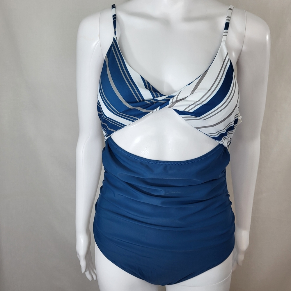 Cupshe SWIMSUIT One Piece Womens Size M Blue Striped High Leg Adj Straps NWT